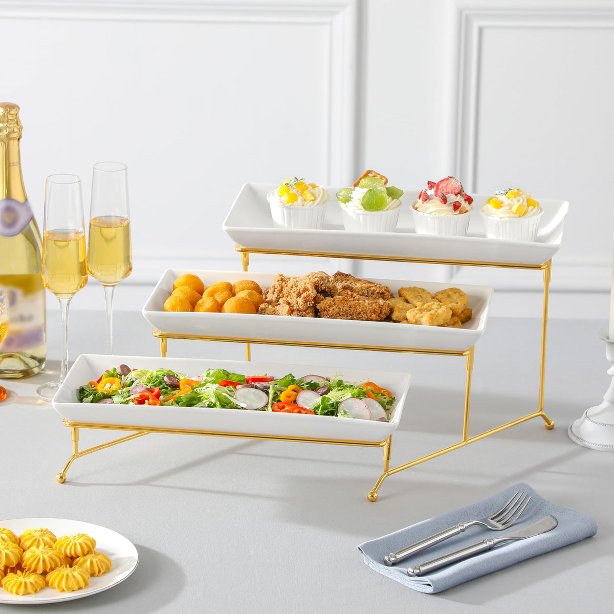 MALACASA elegant white tray stand complements modern table decor