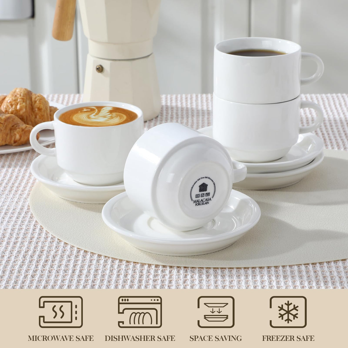MALACASA stacked espresso cups demonstrating space-saving design.