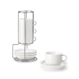MALACASA espresso cups with saucers on a metal stand for chic coffee service.
