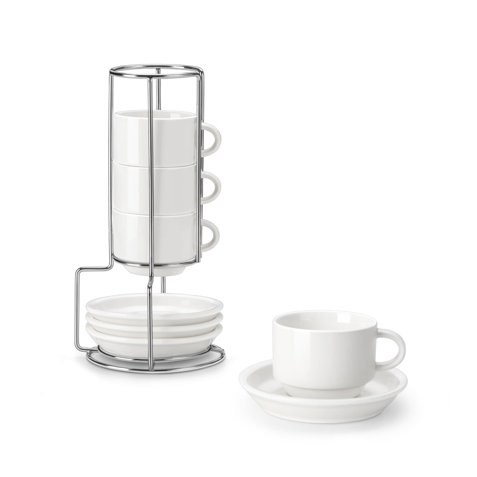 MALACASA espresso cups with saucers on a metal stand for chic coffee service.