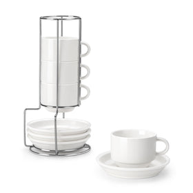 Malacasa espresso cups with saucers and stand offer organized, elegant coffee service.