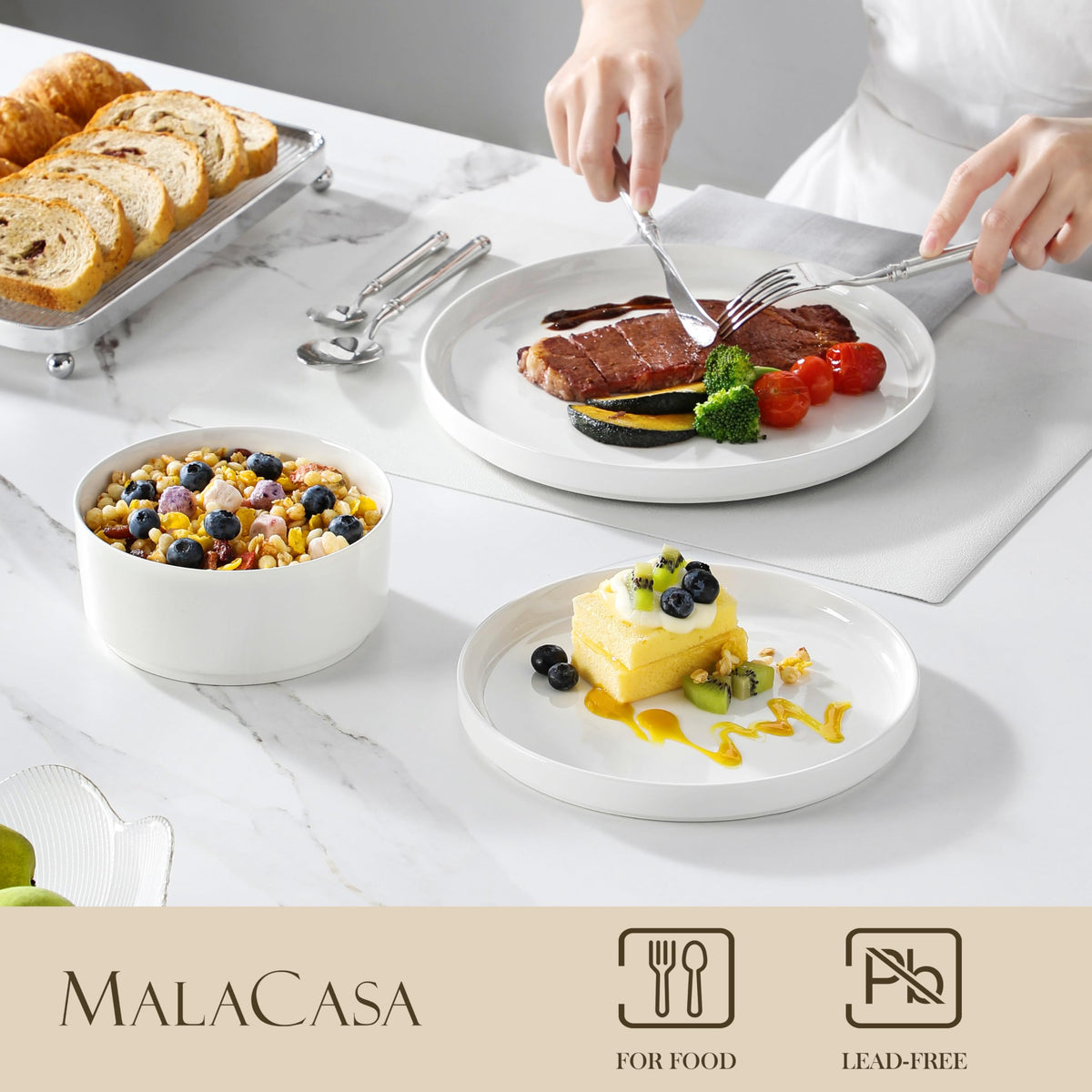 MALACASA LEAH salad plates showing bright porcelain surface for starters and sides.