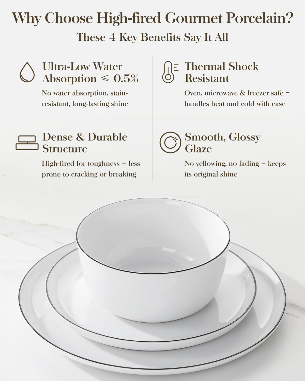 Malacasa Lexi white and black rim detail enhances table aesthetics.