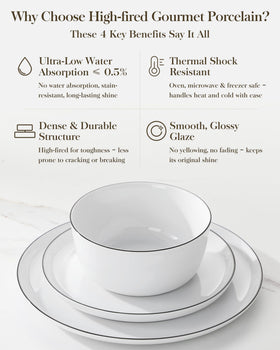 Malacasa Lexi white and black rim detail enhances table aesthetics.