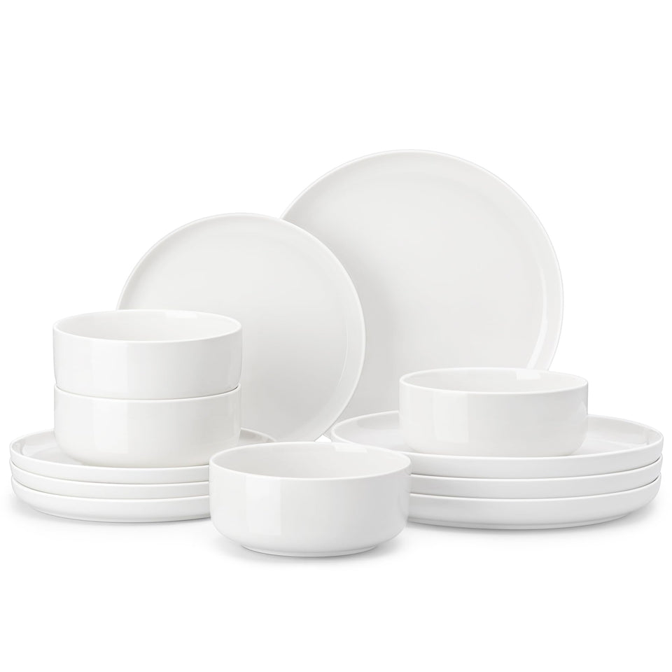 MALACASA LUNA dinner plates on table for everyday dining with a crisp white finish.