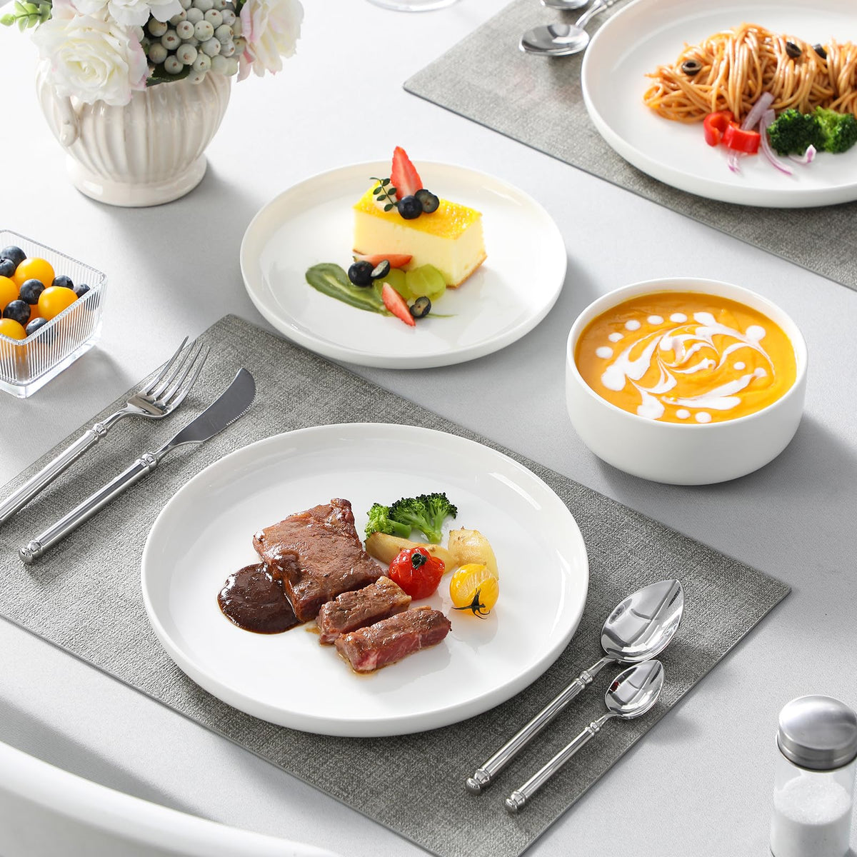 MALACASA LUNA minimalist table setting with modern white porcelain.