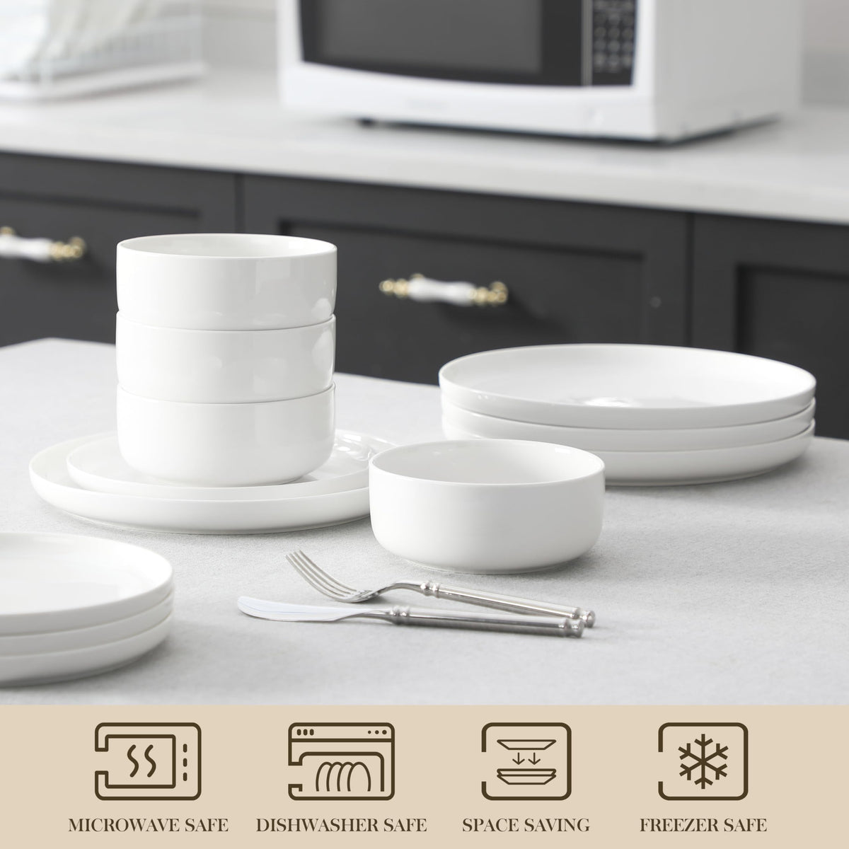 MALACASA LUNA stackable dishware demonstrated for compact kitchen storage.