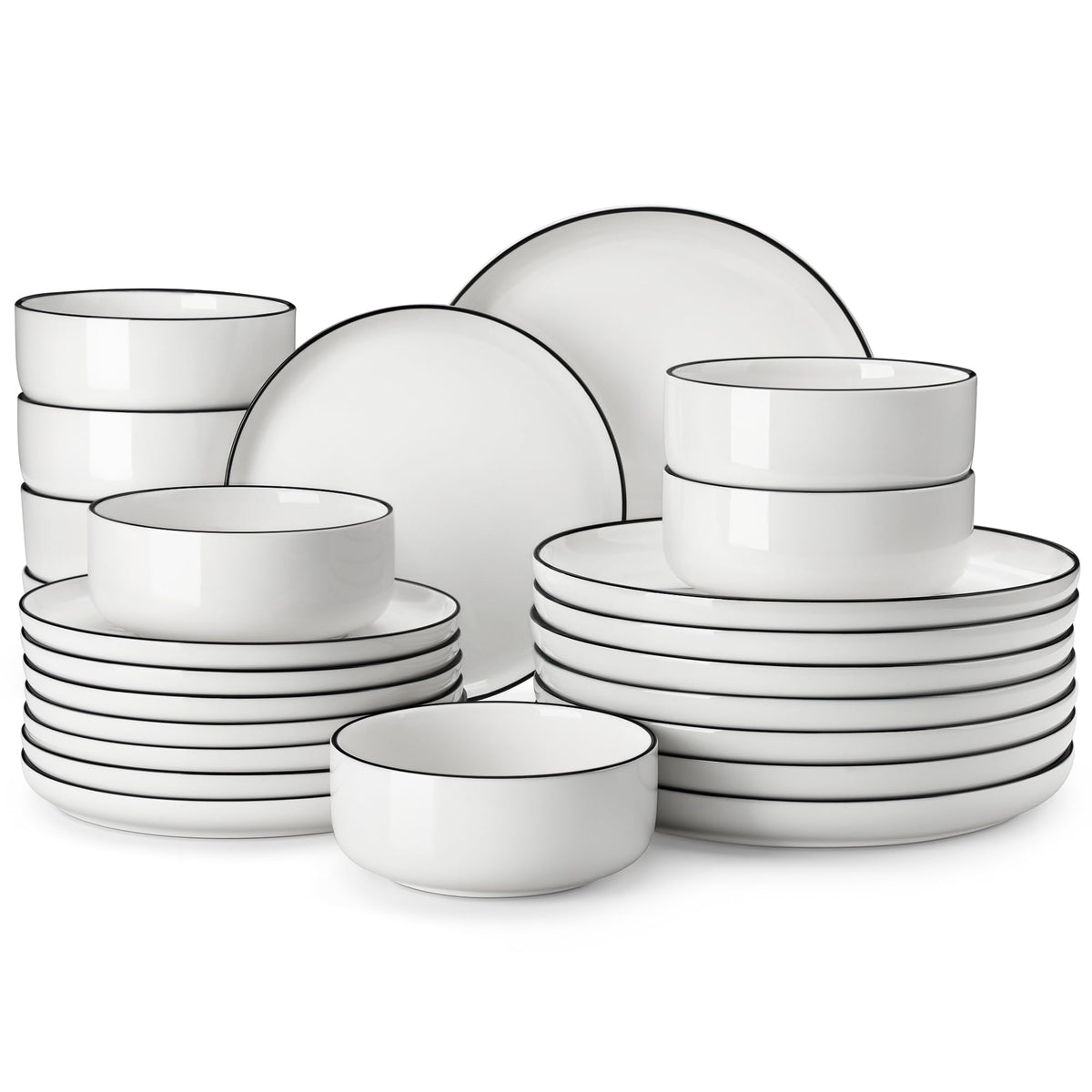 MALACASA LUNA dinner plates for everyday meals in a clean white finish with a black rim.