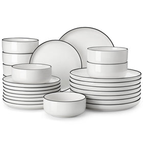 MALACASA LUNA dinner plates for everyday meals in a clean white finish with a black rim.