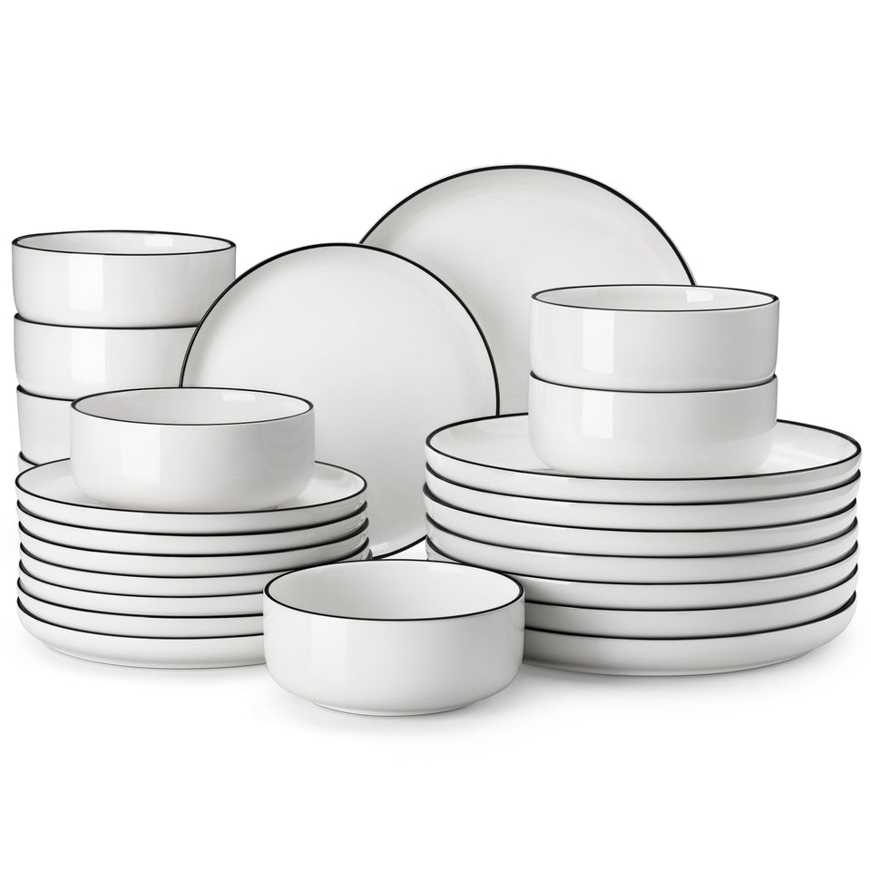 MALACASA LUNA dinner plates for everyday meals in a clean white finish with a black rim.