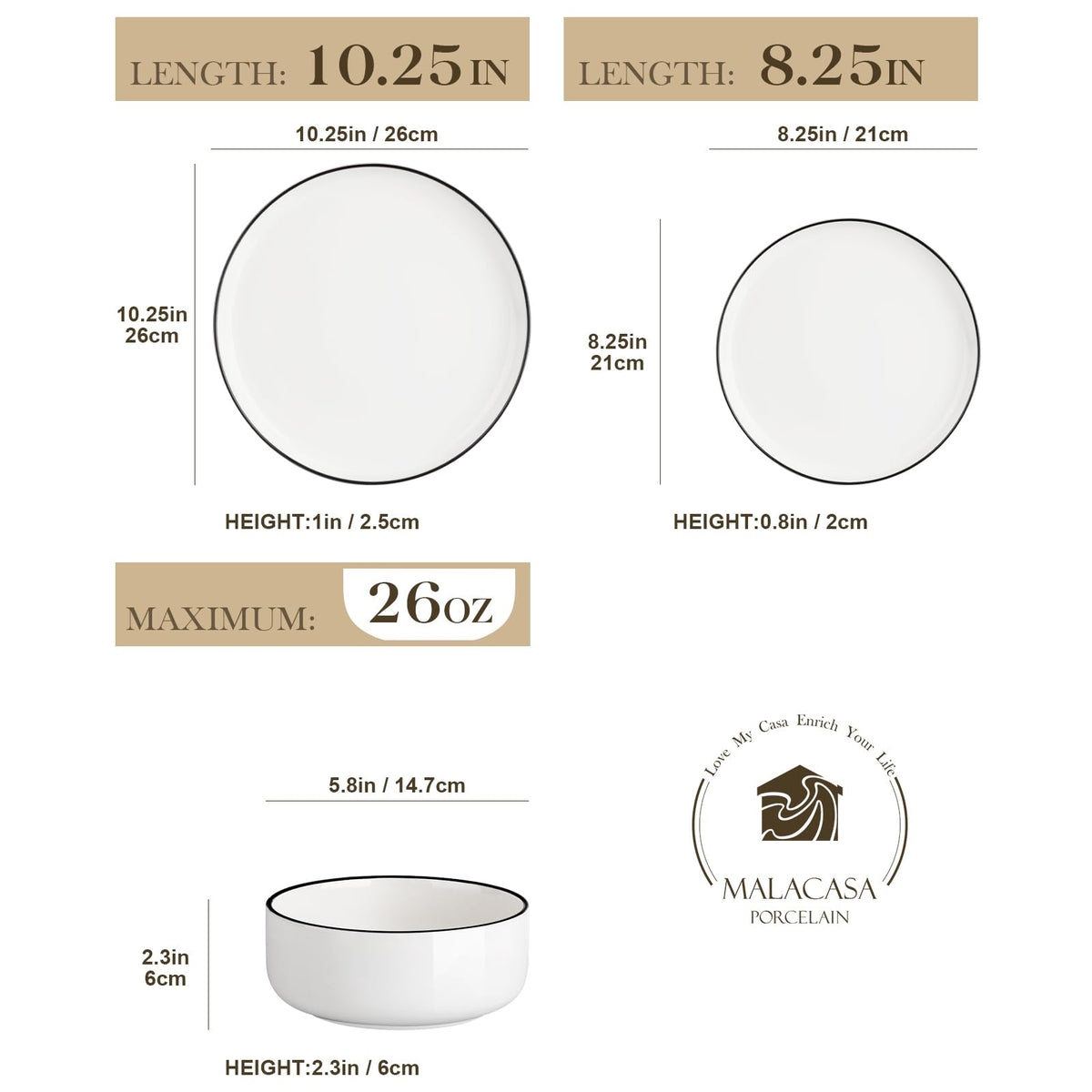 MALACASA LUNA salad plates showcase a modern white design with a sleek black rim.