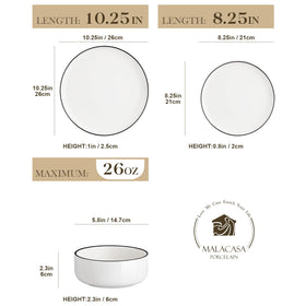 MALACASA LUNA salad plates showcase a modern white design with a sleek black rim.