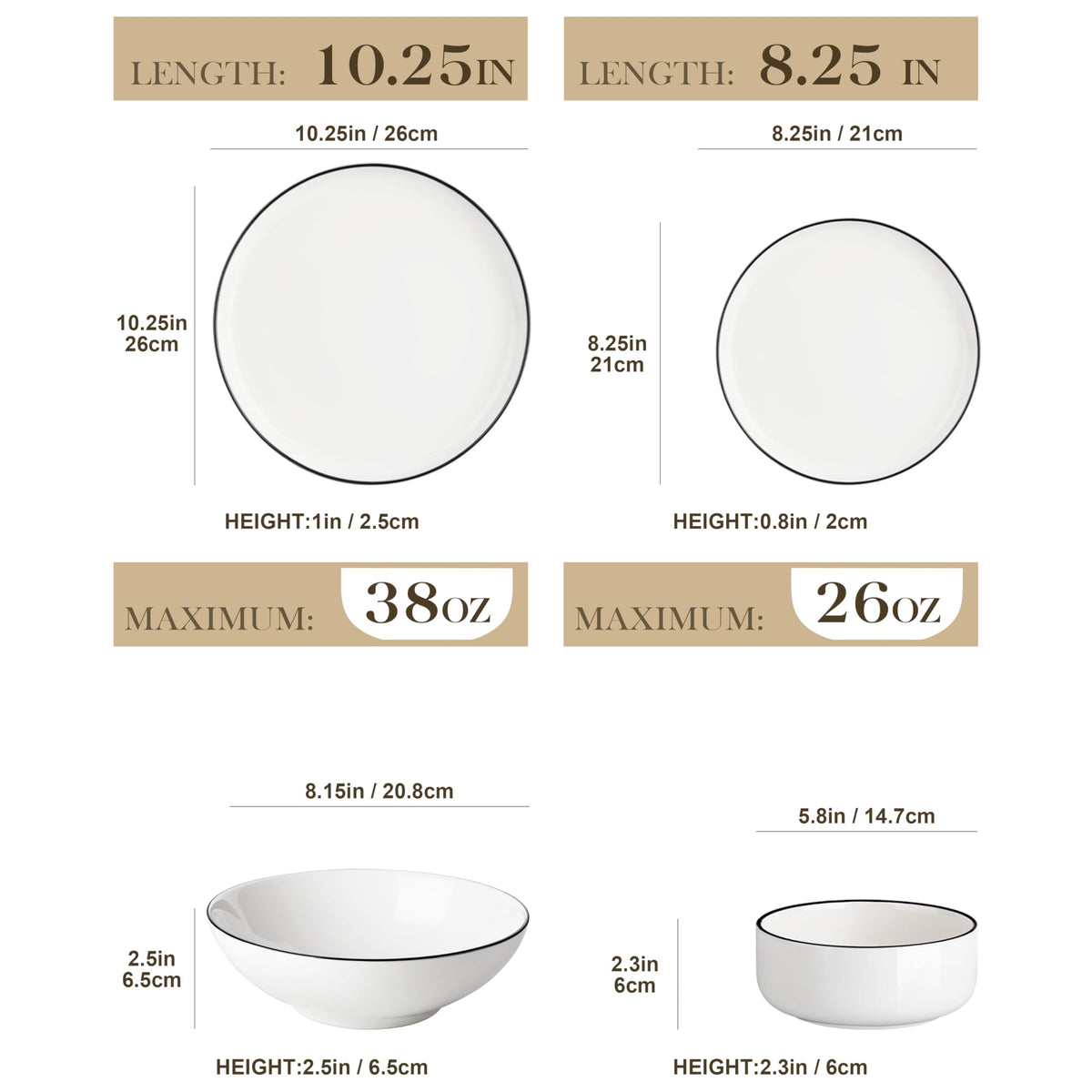 Malacasa Luna salad plates with white finish and black rim for everyday meals.
