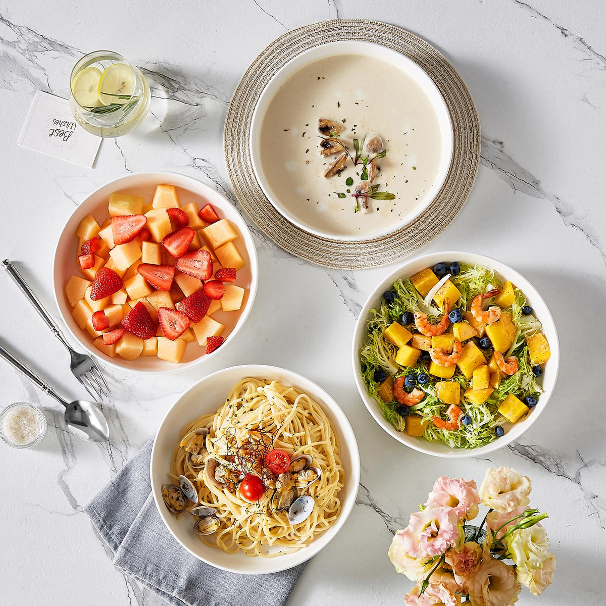 MALACASA Luna stackable ceramic bowls save cupboard space while keeping a cohesive look.