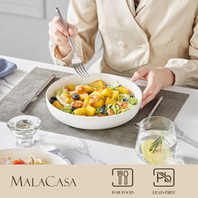 MALACASA Luna white porcelain close-up with smooth glaze and timeless table appeal.