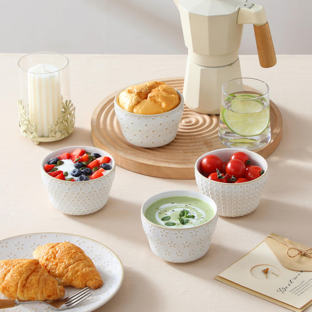 Portion-control desserts served in MALACASA Lydia Arctic White bowls.