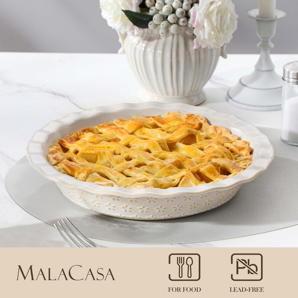 MALACASA LYDIA deep dish pie pan holds 45 oz for generous fillings.