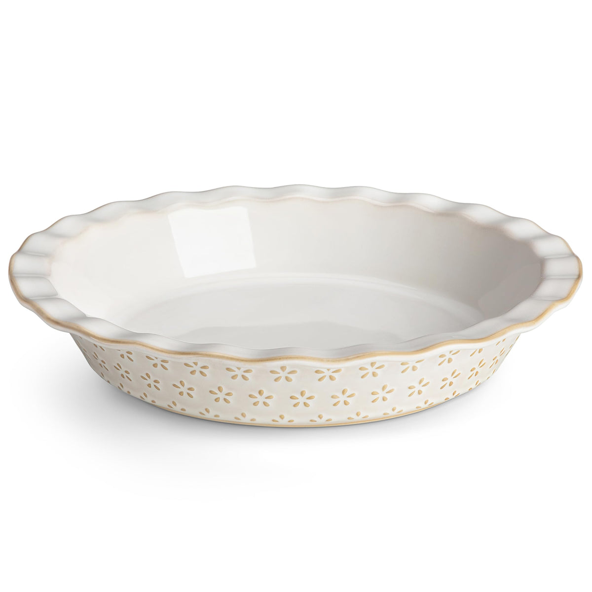 MALACASA LYDIA pie pan with embossed flower design enhances pie presentation.