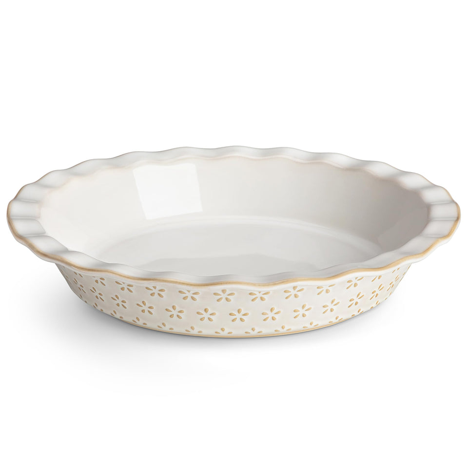 MALACASA LYDIA pie pan with embossed flower design enhances pie presentation.