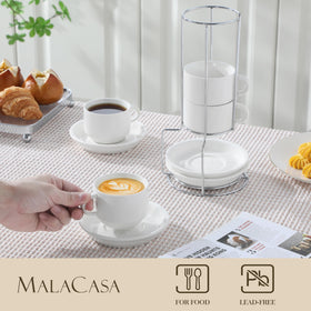 Malacasa metal stand showcases cups in a modern kitchen display.