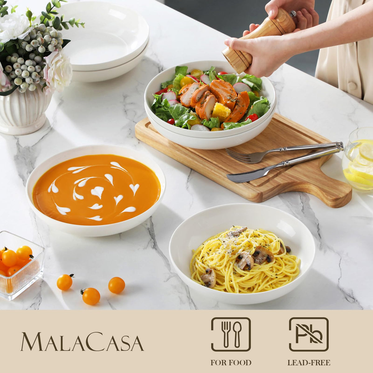 MALACASA microwave-safe porcelain bowls ready for reheating and serving.