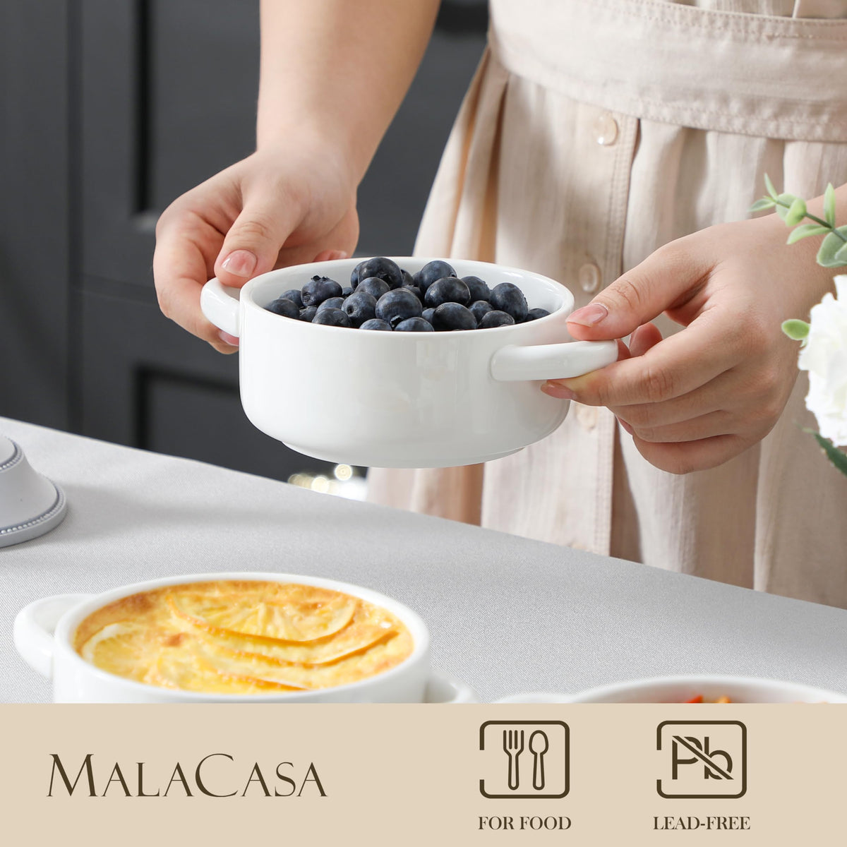 Sturdy MALACASA handles aid safe transfer from oven to table.