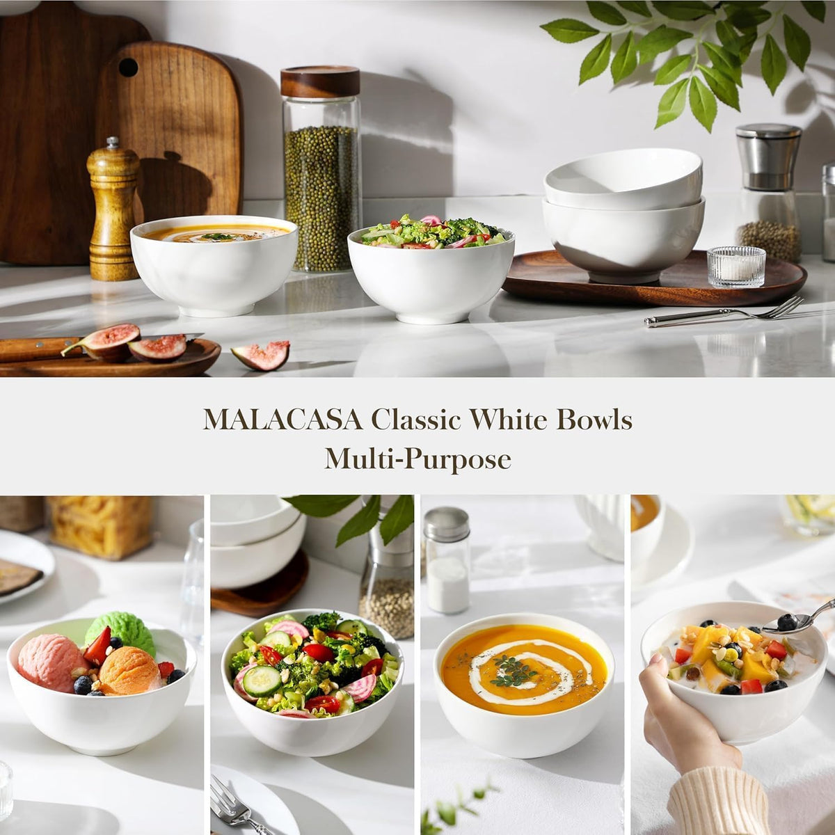 MALACASA versatile serving bowls for soups, salads, and desserts