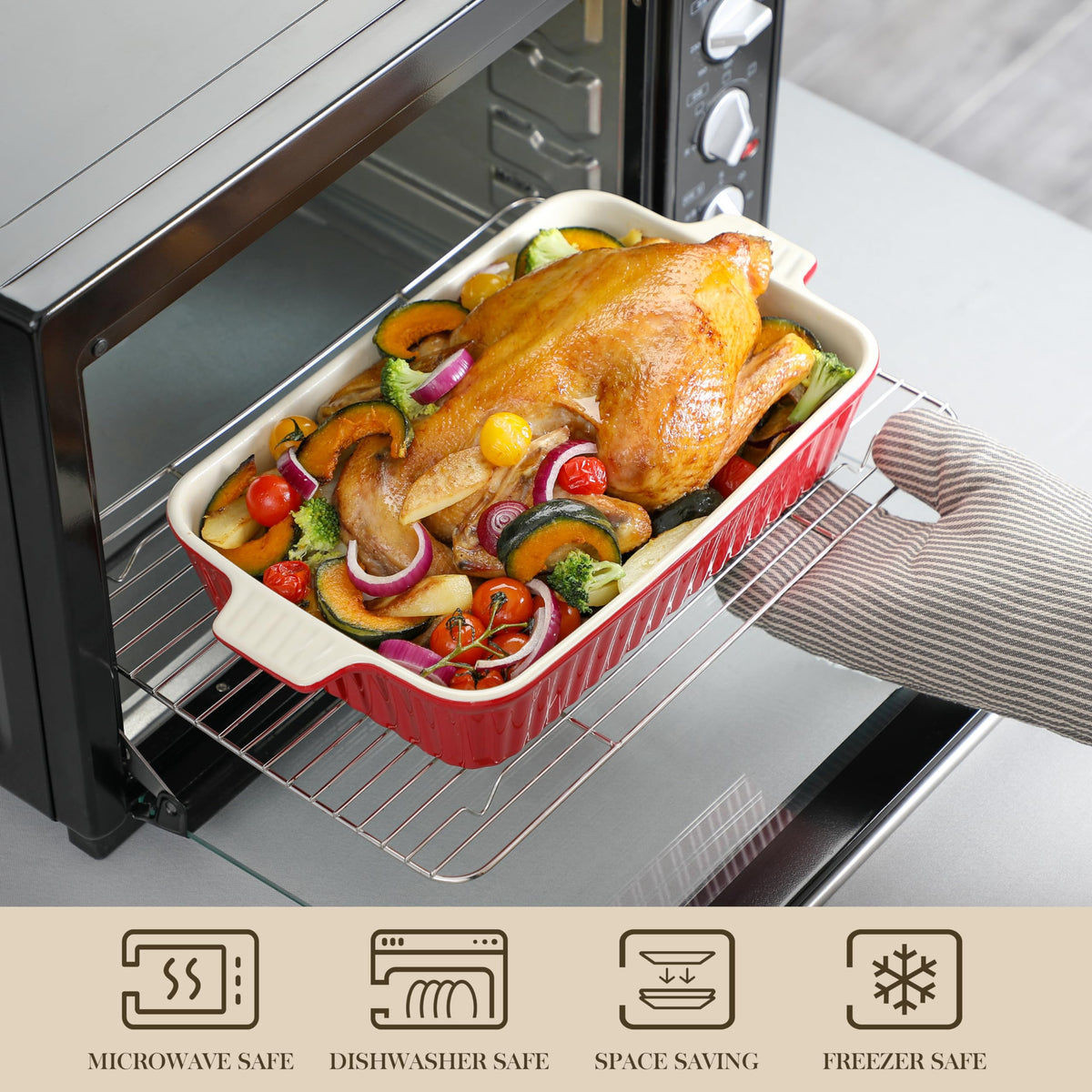 Malacasa 1.5QT dish with easy-grip handles for transfer.