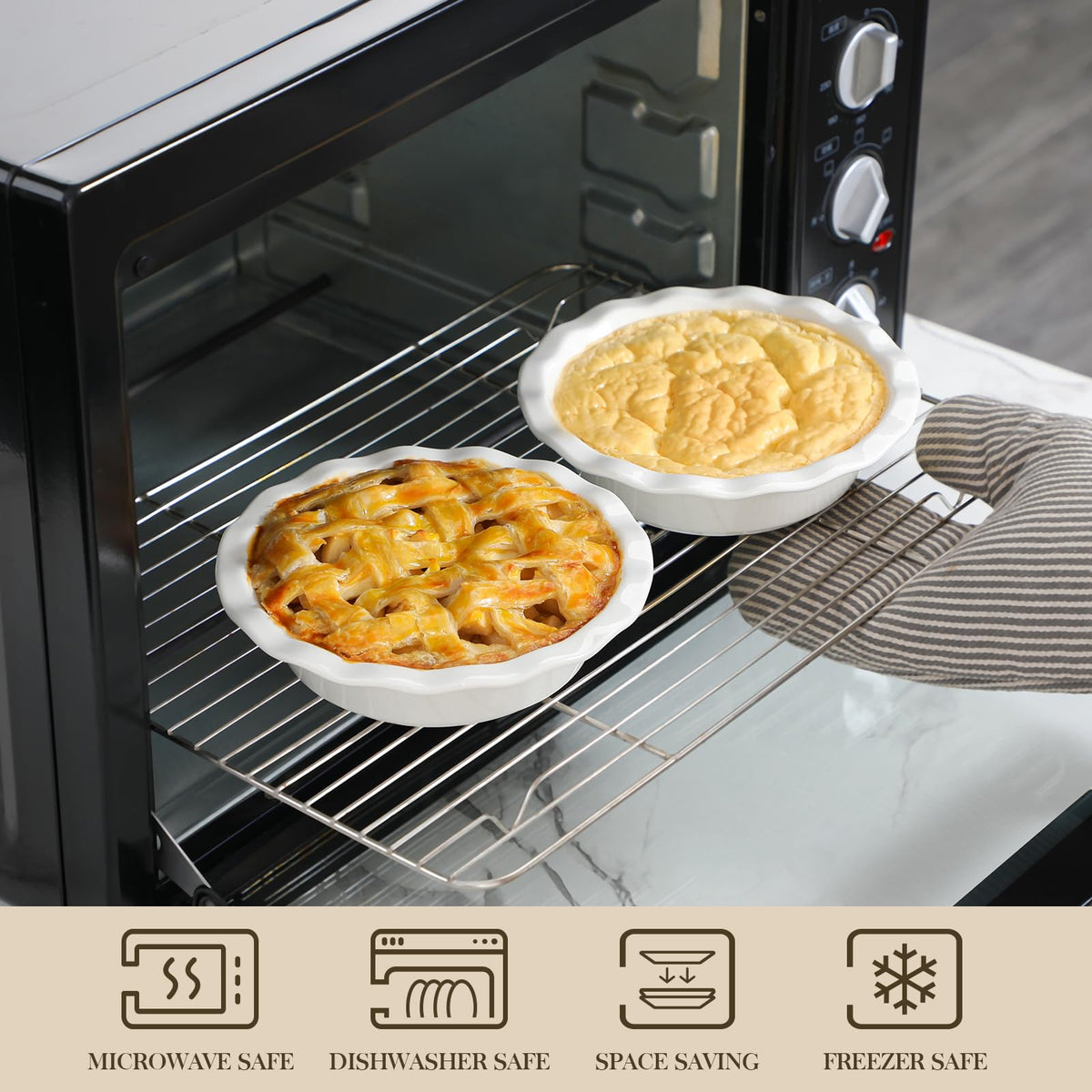 MALACASA porcelain pie pan is oven and microwave safe for versatility.
