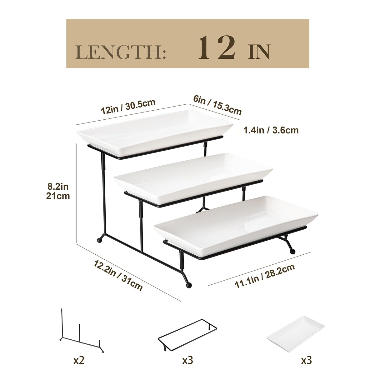 MALACASA porcelain trays on a white dessert stand for stylish serving.