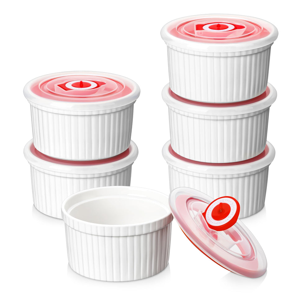 MALACASA 8 oz ramekins with lids in white porcelain for fresh storage.