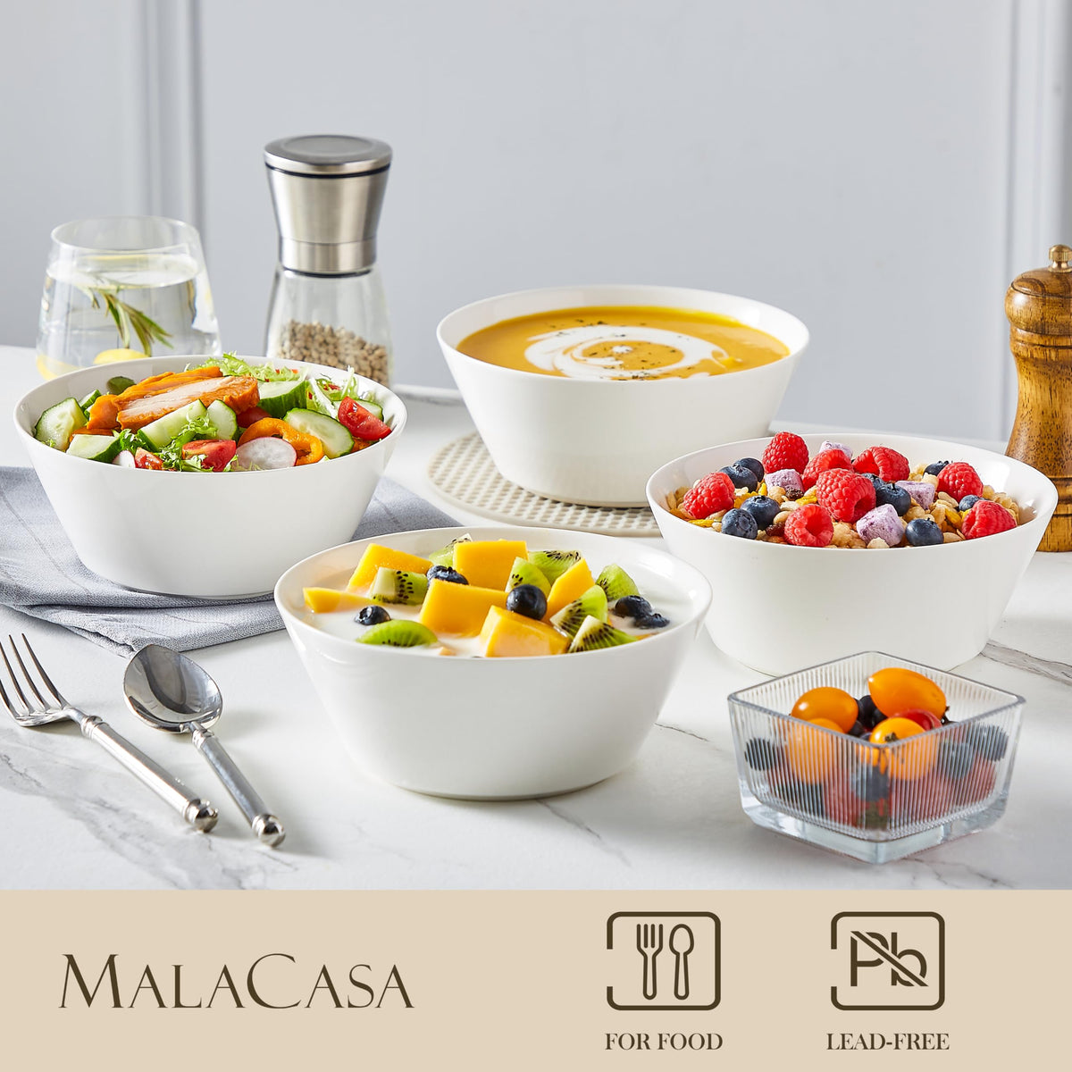 MALACASA set4 porcelain bowls on table, elegant dining for soups, cereals, and salads.