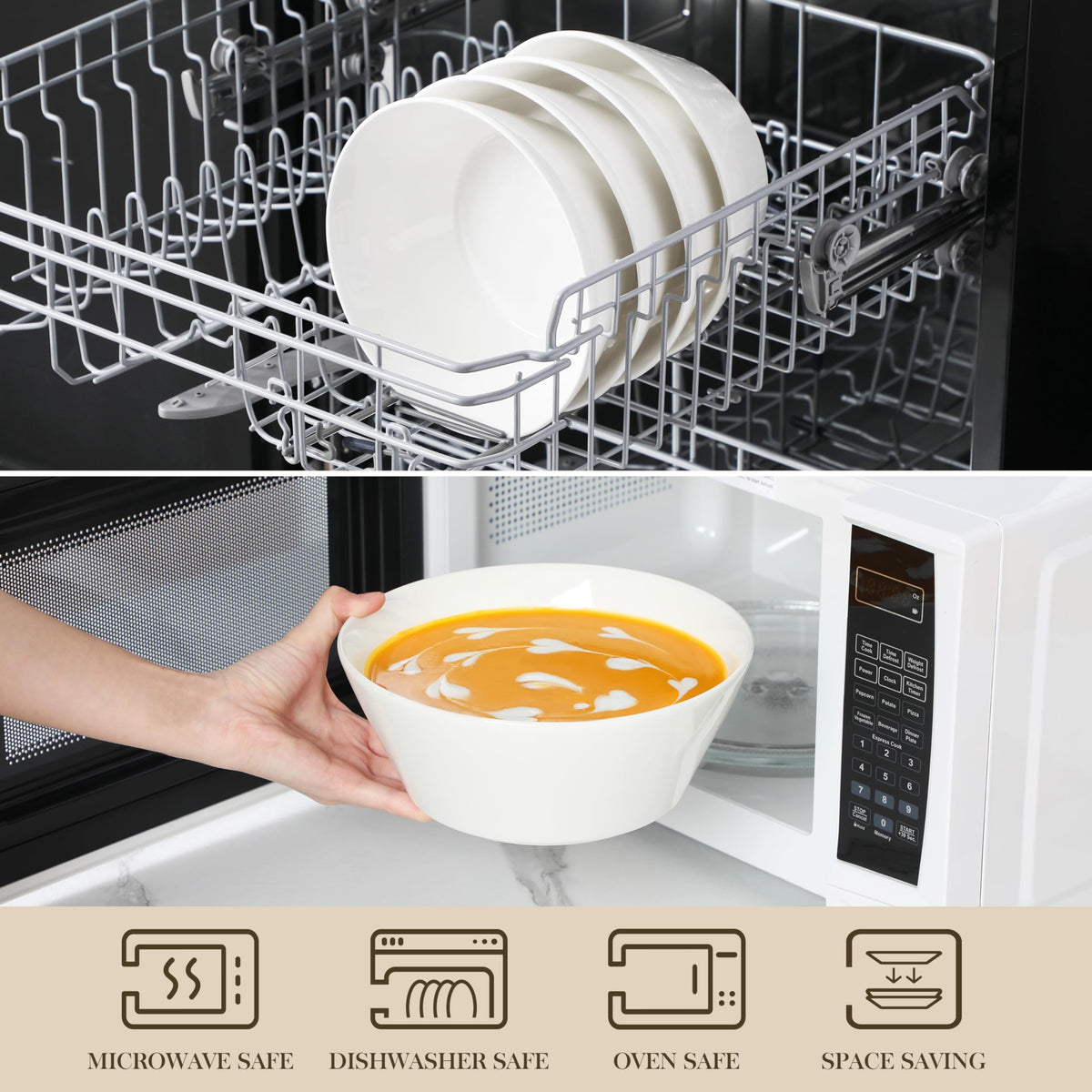 MALACASA stackable white serving bowls save space while remaining elegant on the table.