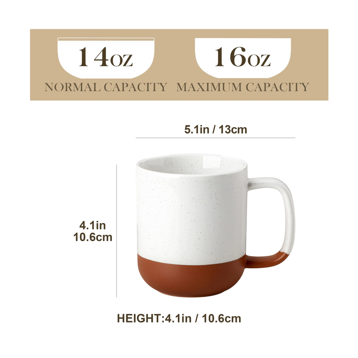 MALACASA Tara 16oz terra-cotta mug supports generous servings in khaki white.