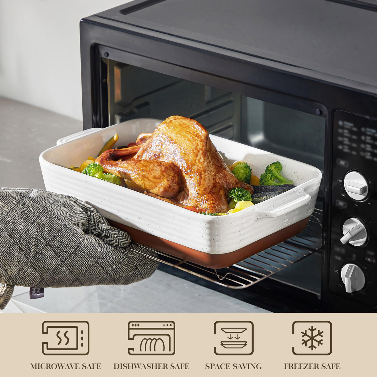 MALACASA Tara baking dish ceramic surface provides even heat distribution.