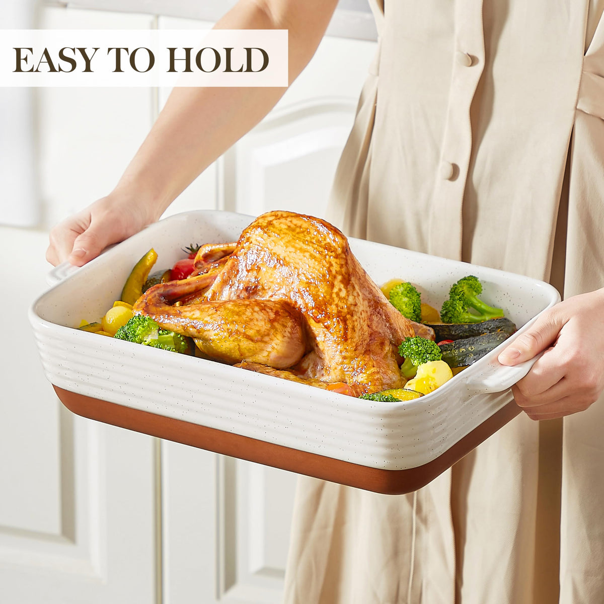 MALACASA Tara baking dish in white and khaki glaze adds rustic kitchen charm.