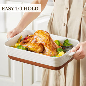 MALACASA Tara baking dish in white and khaki glaze adds rustic kitchen charm.