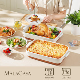 MALACASA Tara baking dish with sturdy handles for easy oven-to-table transfer.