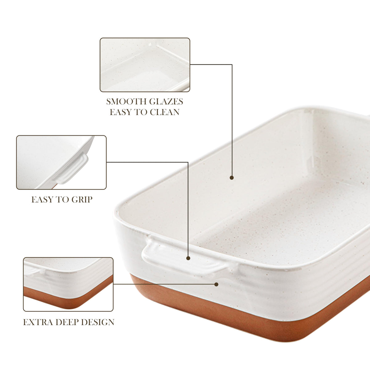 MALACASA Tara baking dish safe for oven, microwave, fridge, and dishwasher use.