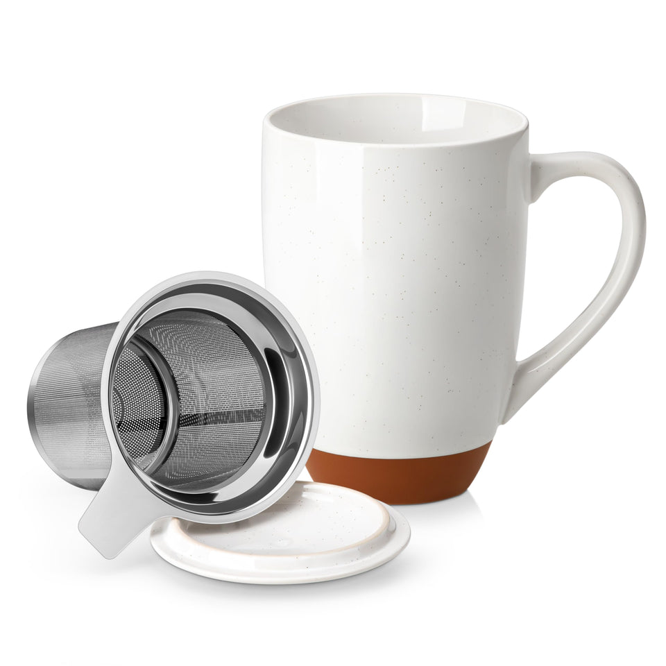 MALACASA tea mug with lid and infuser showcases a secure pour and easy steeping.