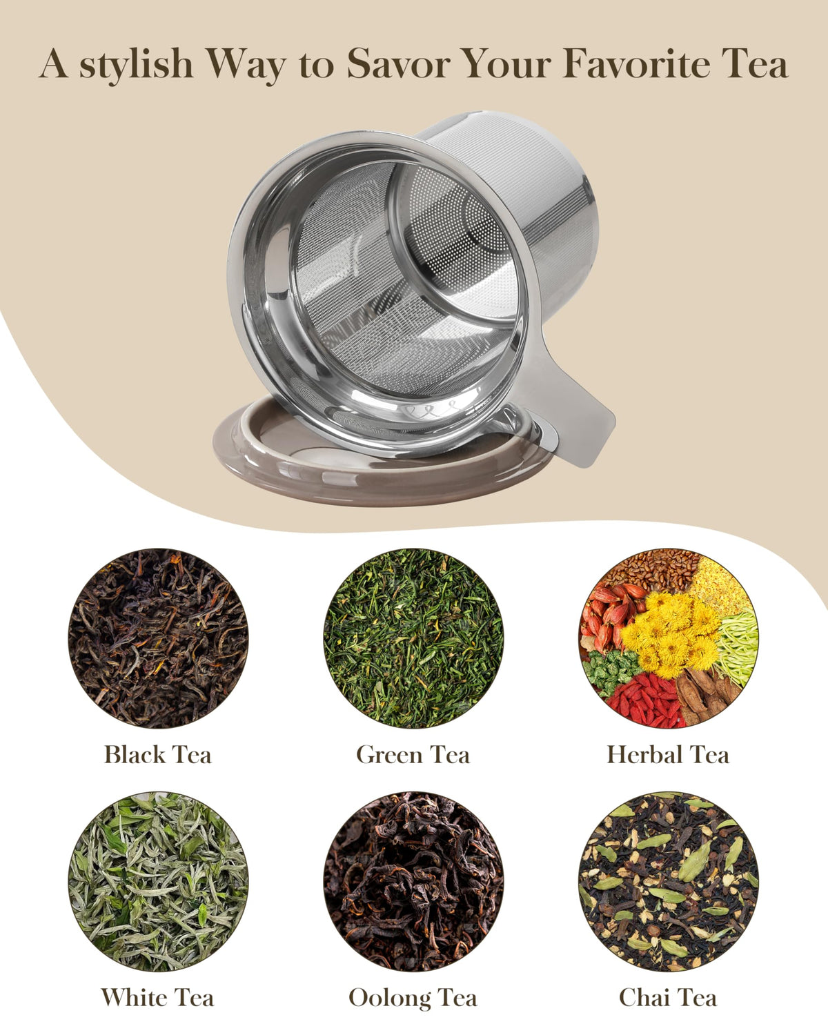 MALACASA stainless-steel infuser ensures fine filtration for loose leaf.