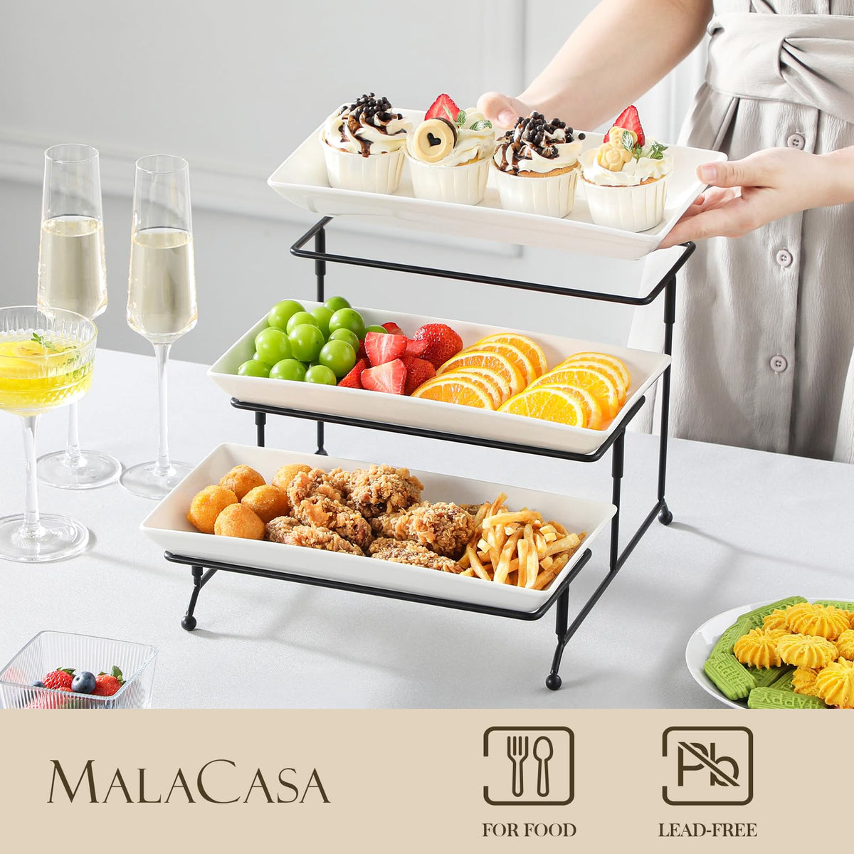 MALACASA white dessert stand with three porcelain trays for desserts.