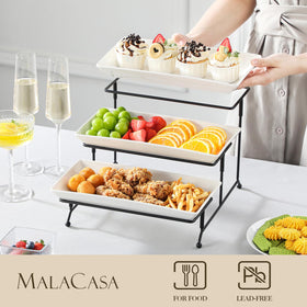 MALACASA white dessert stand with three porcelain trays for desserts.