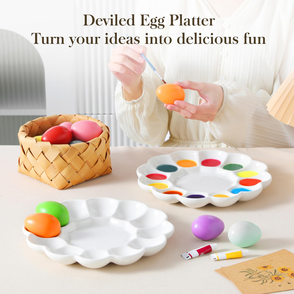 MALACASA white glazed ceramic egg tray with smooth non-stick surface