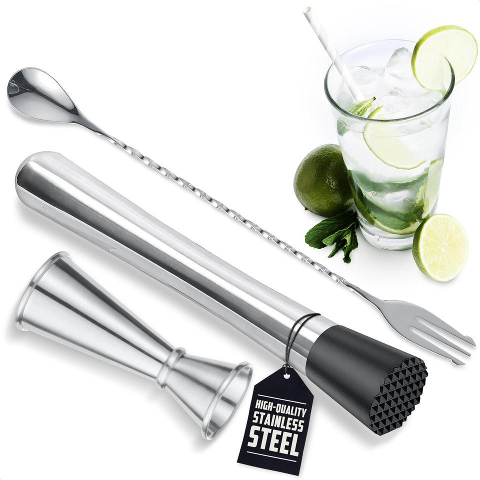 MALLONY 3-piece muddler set with stainless steel tools for durable cocktail prep