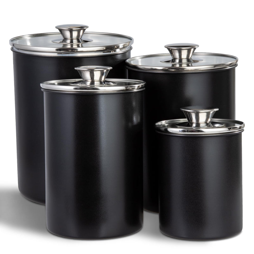 Malmo four-piece canister set on counter for easy pantry access.