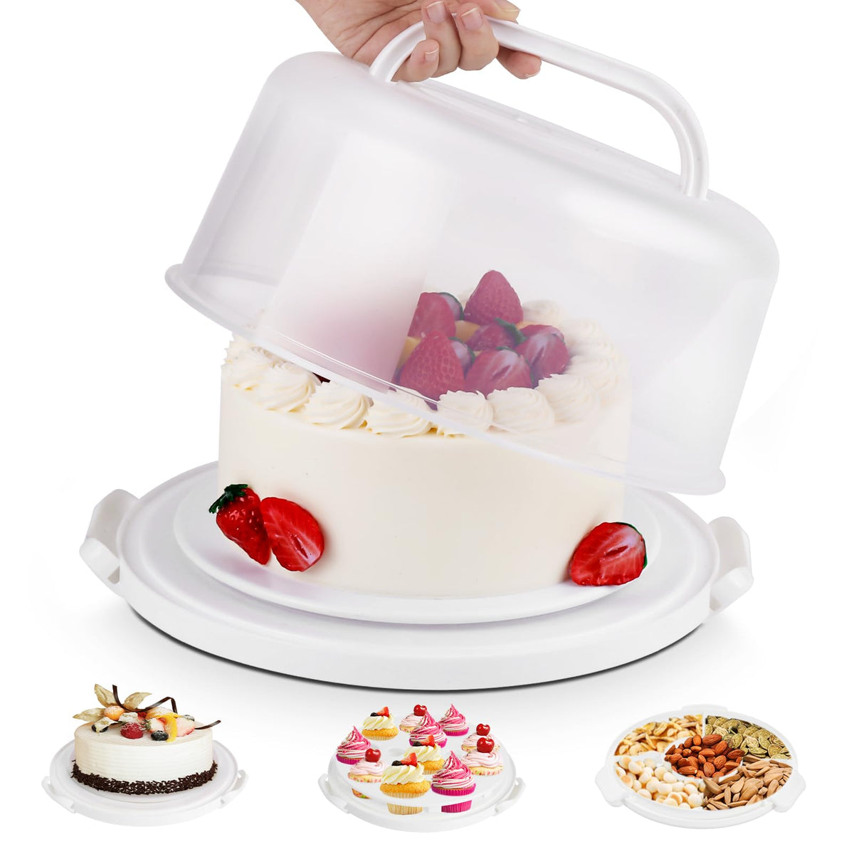 Mamajardin cake carrier with lid and handle for secure, spill-free transport of baked goods.