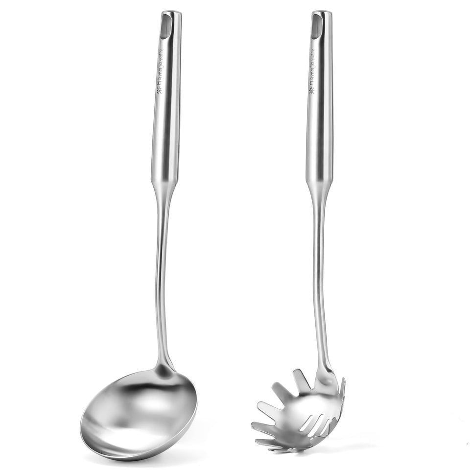 Mamajardin stainless steel soup ladle shows durable, rustproof construction for everyday use.