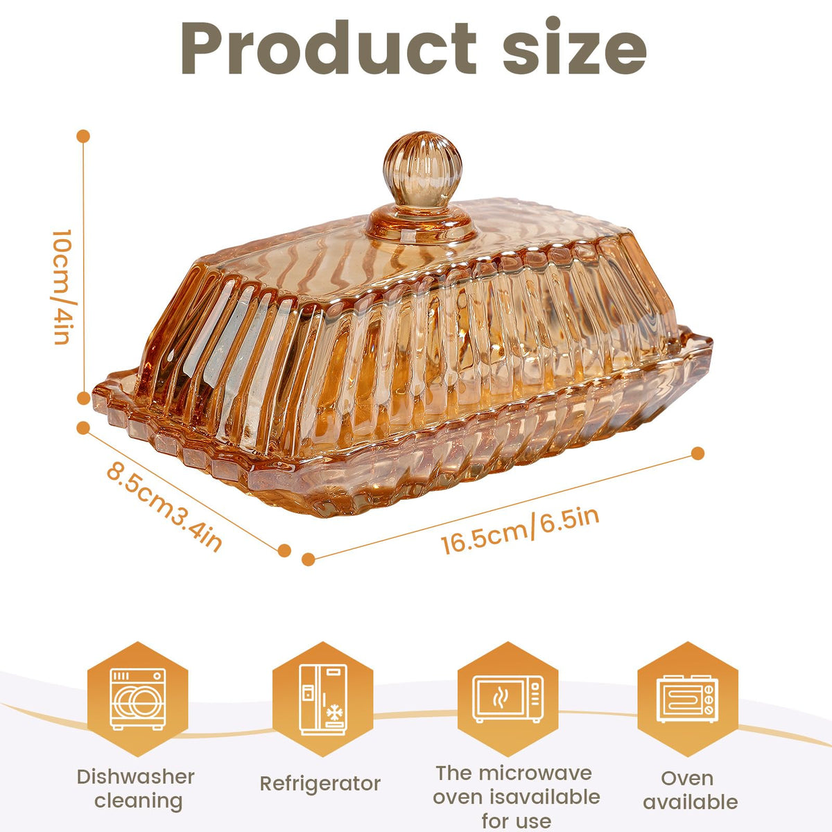 Mamalucky amber glass butter dish with visible lid for quick butter checks.