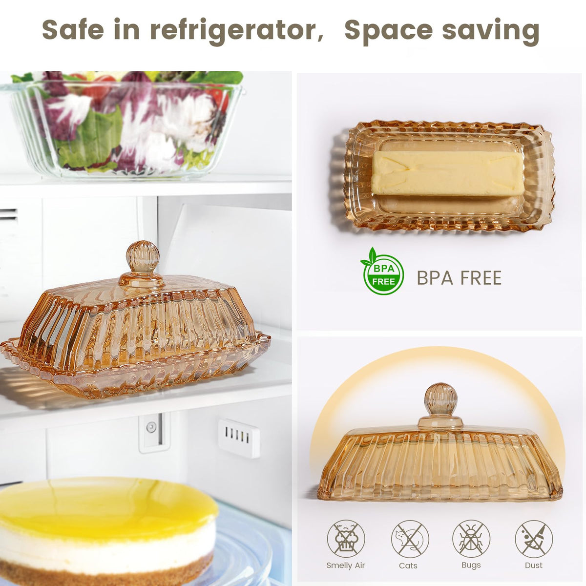 Mamalucky amber glass butter dish safe for quick melts in the microwave.